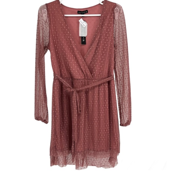 KENEDIK NWT WOMEN’S PLEATED DOT MESH LONG SLEEVE DRESS PINK MAUVE MEDIUM - Picture 2 of 11